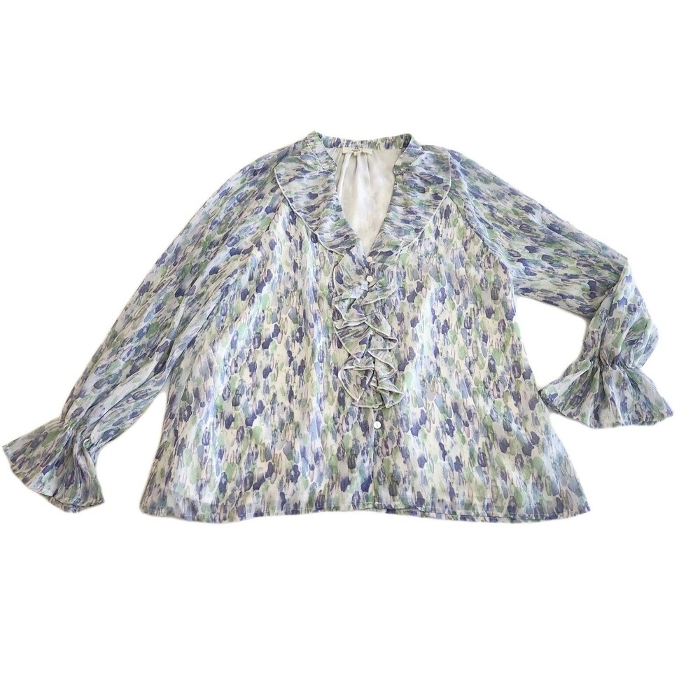 Entro Long Bell Sleeve Ruffle Collar  Boho Peasant Cottage Fairy Blouse SZ S